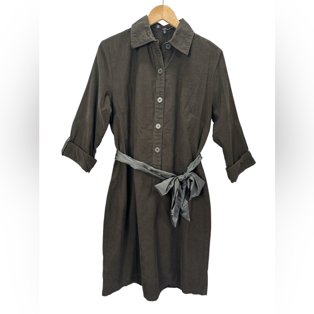 Coupé Corduroy Shirt Dress Roll-tab Sleeves‎ Satin Tie Sash Forest Army Green L
